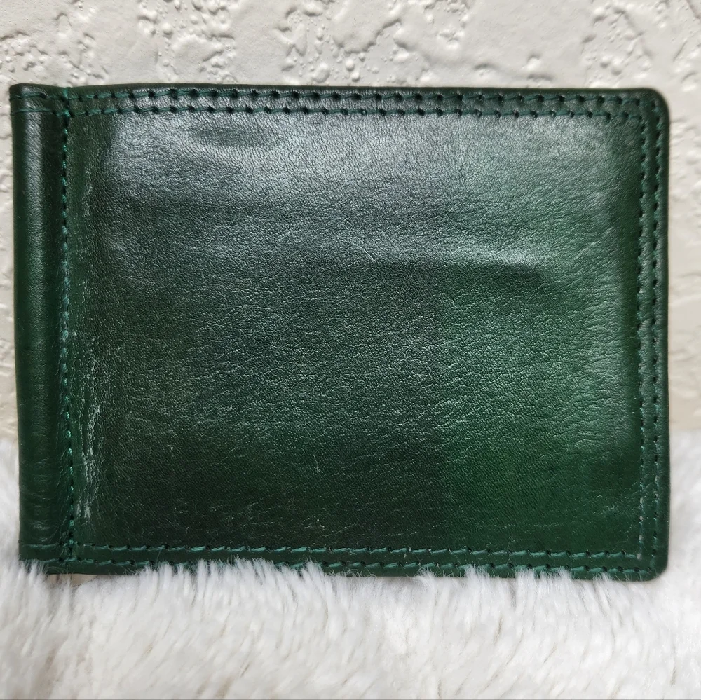 Vera Pelle Forest Green Leather Card Holder with Silver Tone Money Clip